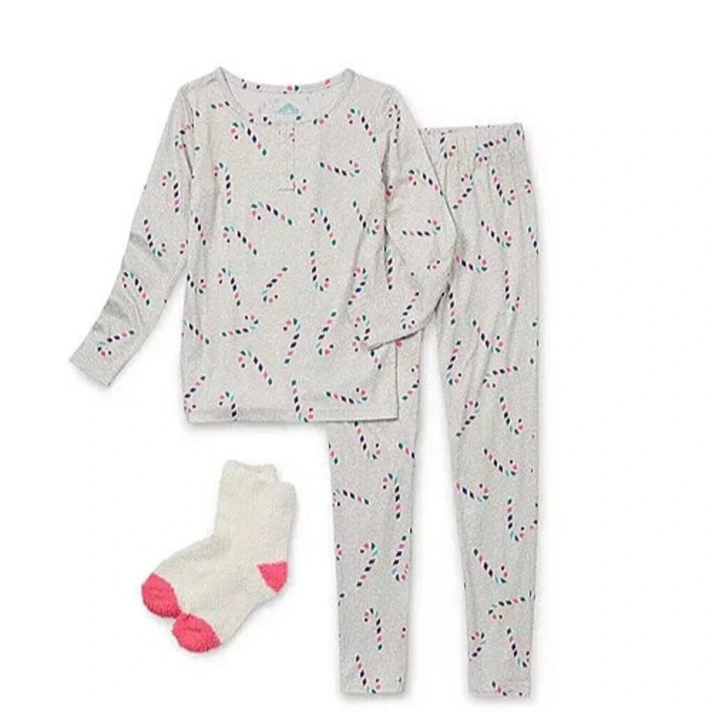 THEREABOUTS CANDY CANE CHRISTMAS PAJAMAS WITH FUZZY SOCKS Girl's Sz 4  Grey/Pink